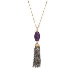 Amethyst and Labradorite Tassel Necklace 14k Gold Plated over Sterling Silver